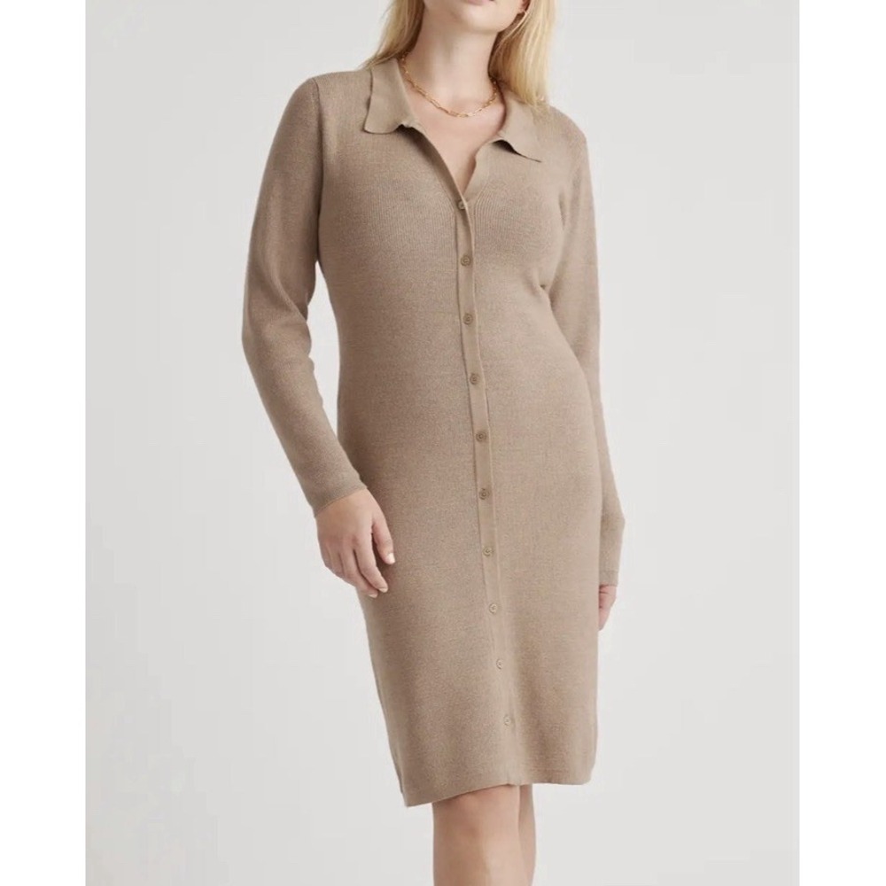 Quince Eco-knit Button Up Sweater Dress Size XL Taupe Stretch‎ Knit Classic